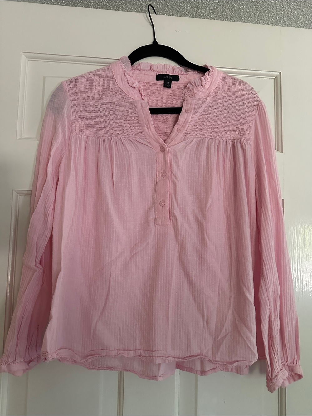 J. Crew Light Pink Long-Sleeve Ruffle Henley Blouse